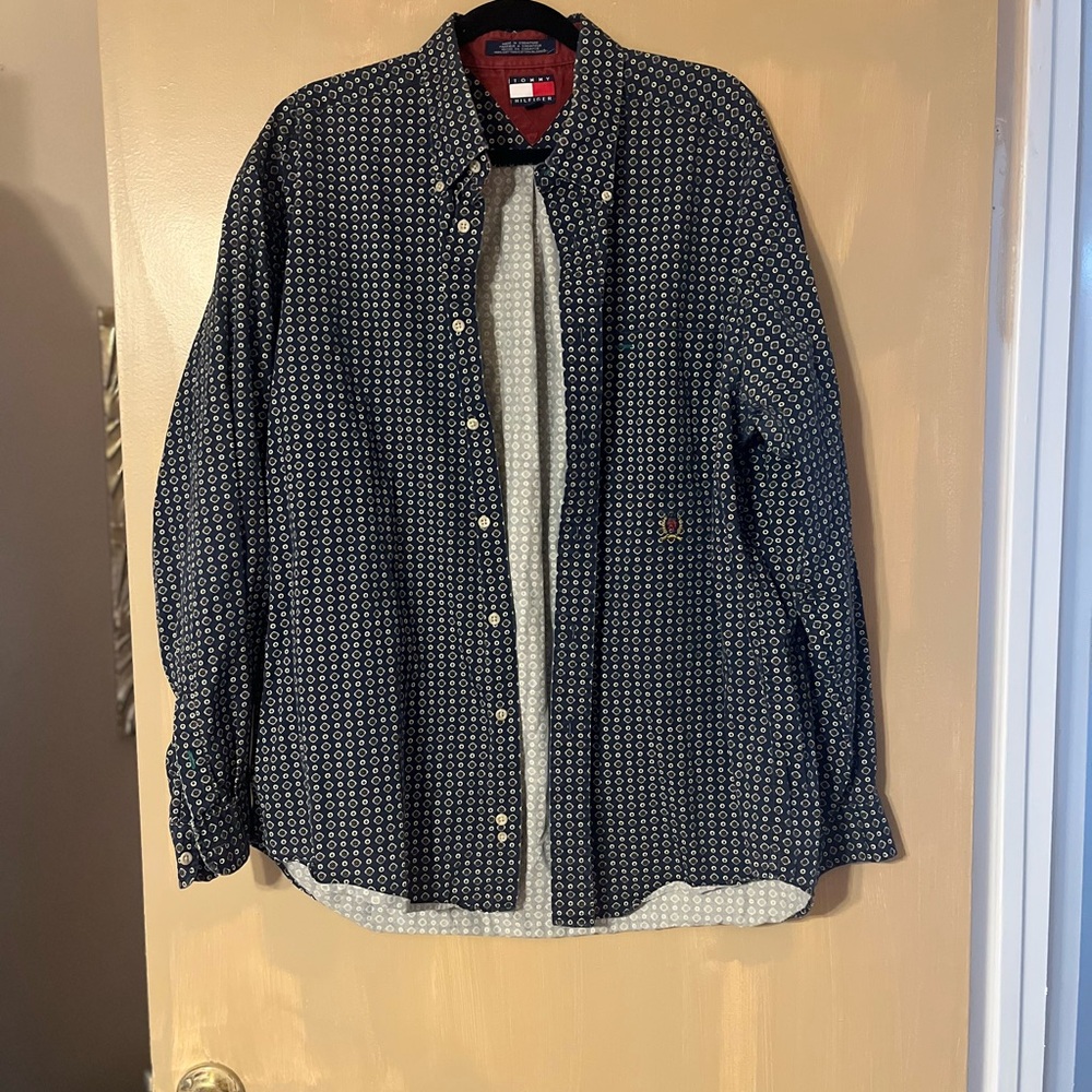 Tommy Hilfiger Navy and Burgundy Patterned Shirt